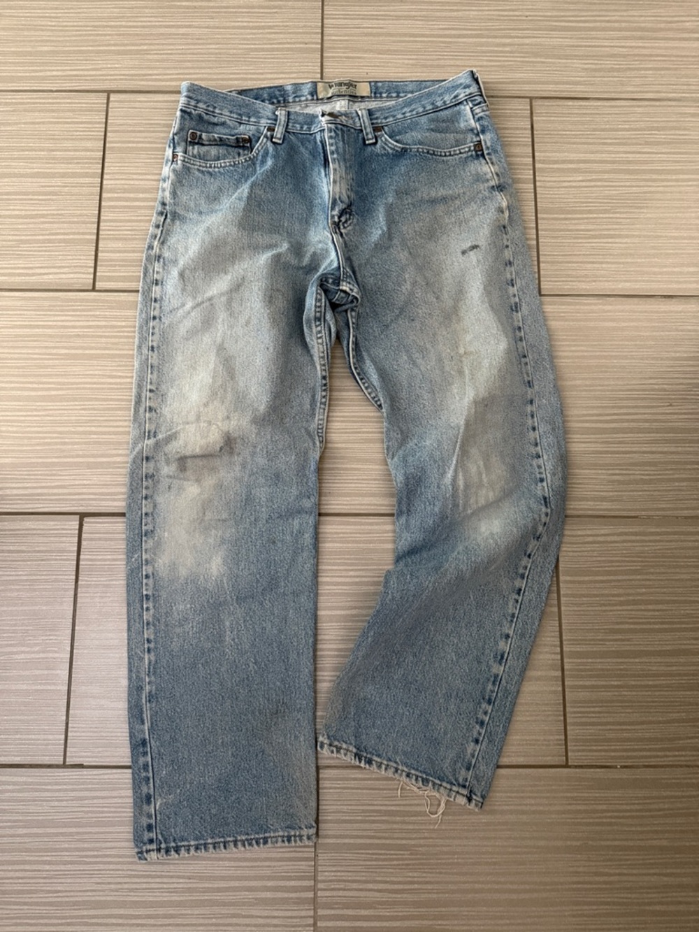 Wrangler Light Blue Straight Leg Jeans - Well Worn, Minor Stains. Size 33x30.